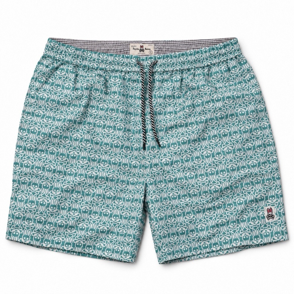 Psycho Bunny Swim Trunks Mens L Teal White Bunny Skull Print Mesh Lined